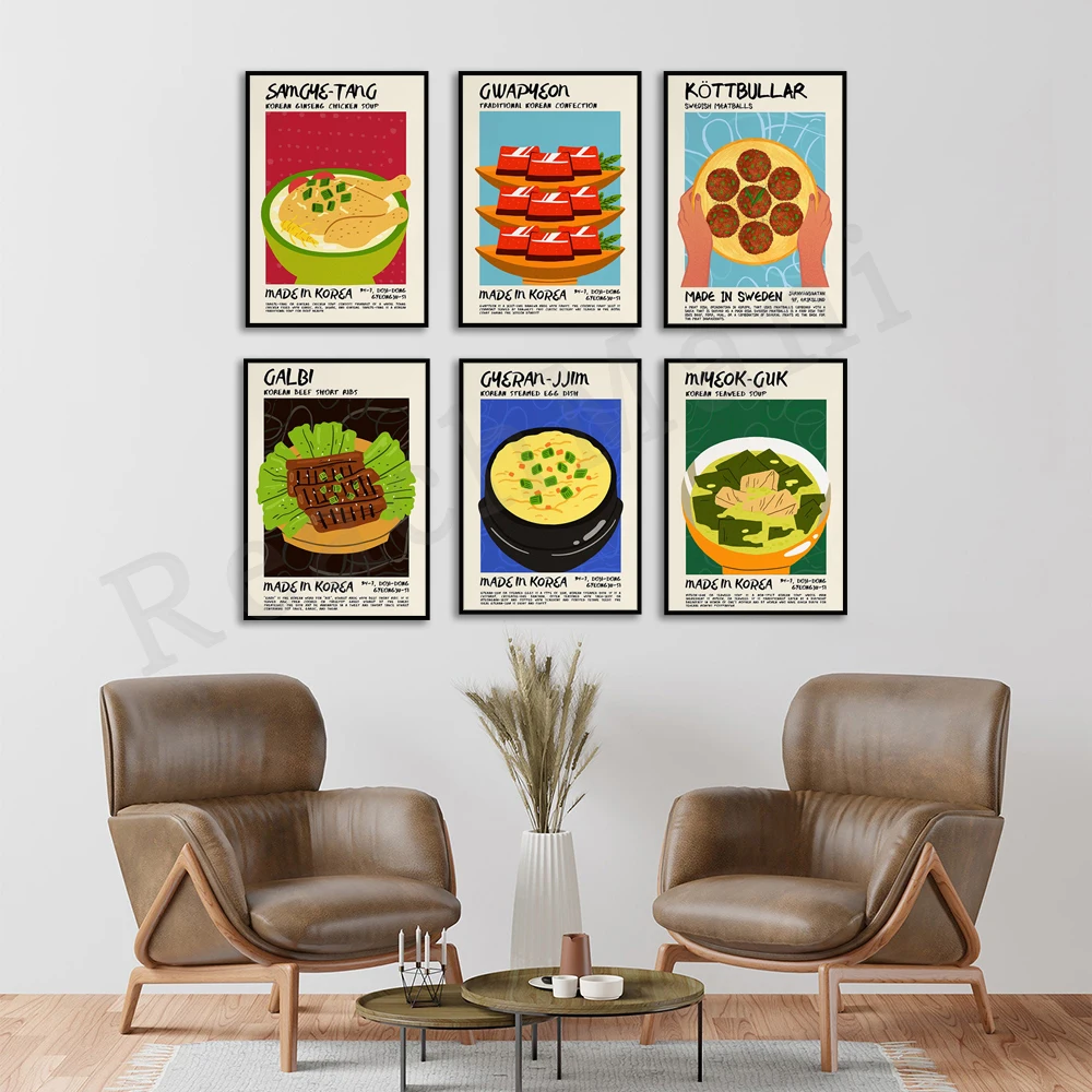 Swedish Meatballs, Korean Ginseng Chicken Soup, Beef Ribs, Jajang Noodles, Japanese Desserts Asian Food Poster Kitchen Decoratio