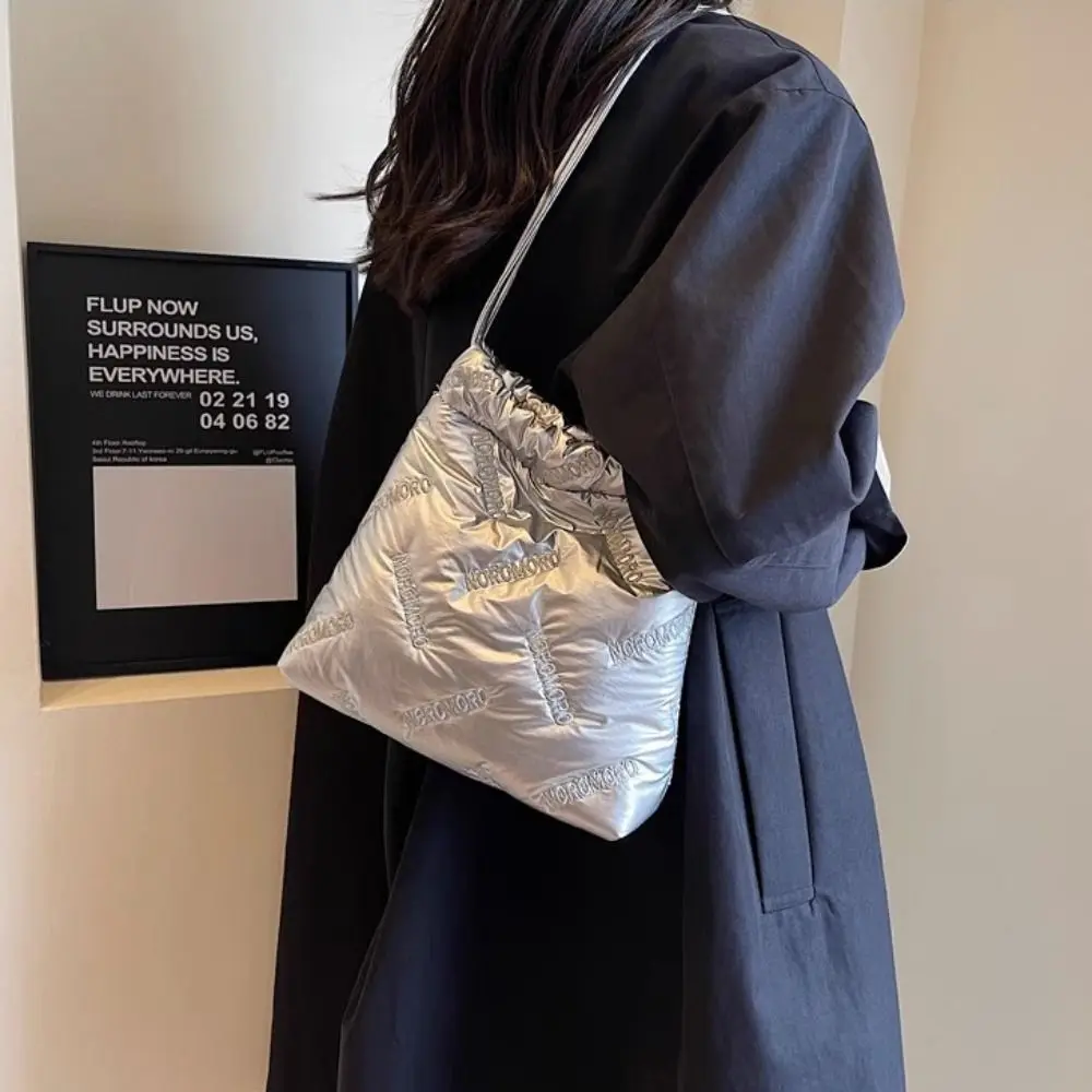 

Solid Color Embroidery Bucket Bag Cloud Underarm Bag Letter Space Cotton Tote Bag Large Capacity Shopping Bag