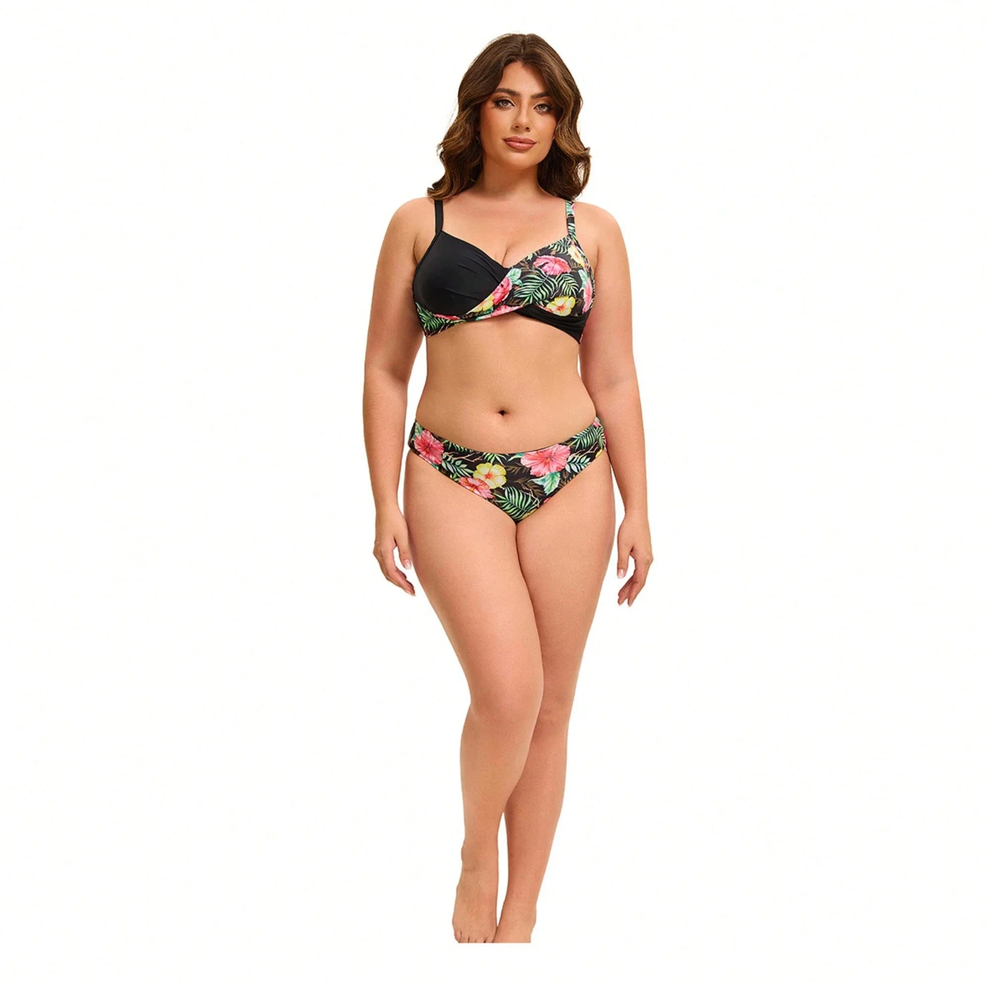 

Plus Size Tropical Floral Print Two Piece Bikini Set For Women, Sleeveless Backless Sexy Bathing Suit With Tummy Control,