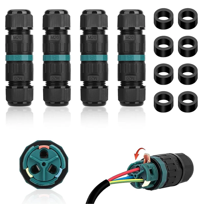 4PCS 2 Way 3 Pole Junction Box IP68 Outdoor Waterproof Electrical Cable Connector Ø5-12 mm