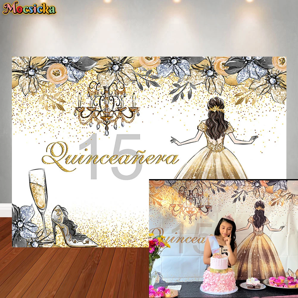 Princess Birthday Background Sweet Girl Dress Flowers Butterfly Decor Quinceanera 15th Birthday Gold Crown Photography Backdrop