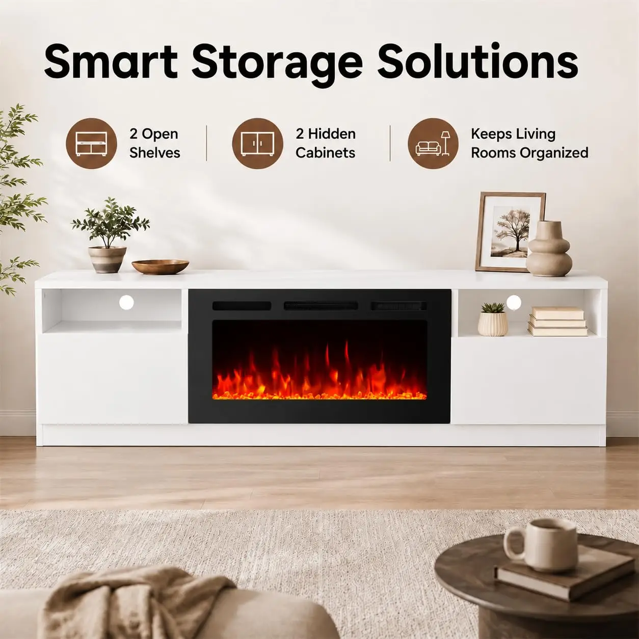 70 Inch Electric Fireplace TV Stand, 1500W Heater, 12 Flame Colors, LED Display, Remote, Storage Cabinet , Customized