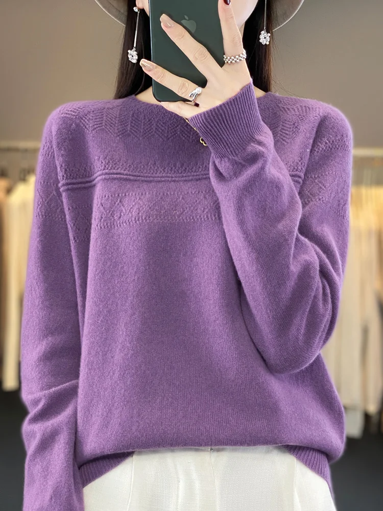 Autumn Winter Women Wool Sweater 100% Merino Wool Pullovers O-neck Hollow Long Sleeves Female Casual Cashmere Knitwear Korean