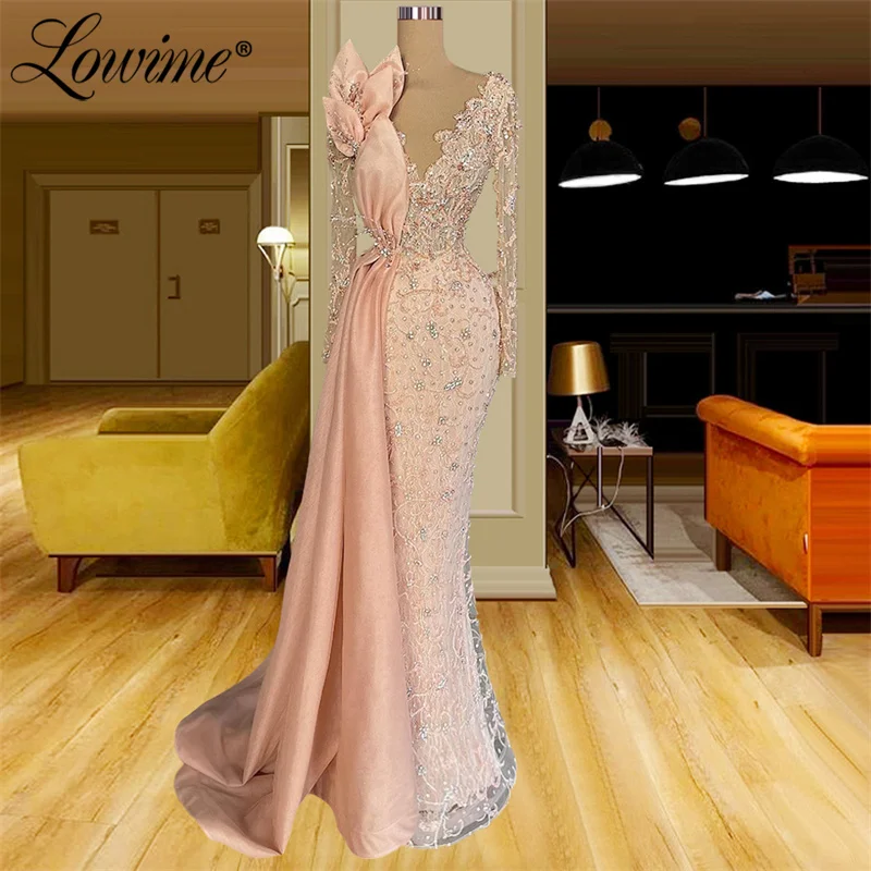 Lowime tapete vermelho pista rosa vestido de festa 2022 mangas compridas rendas sereia formal vestidos de noite strass árabe dubai vestido de baile