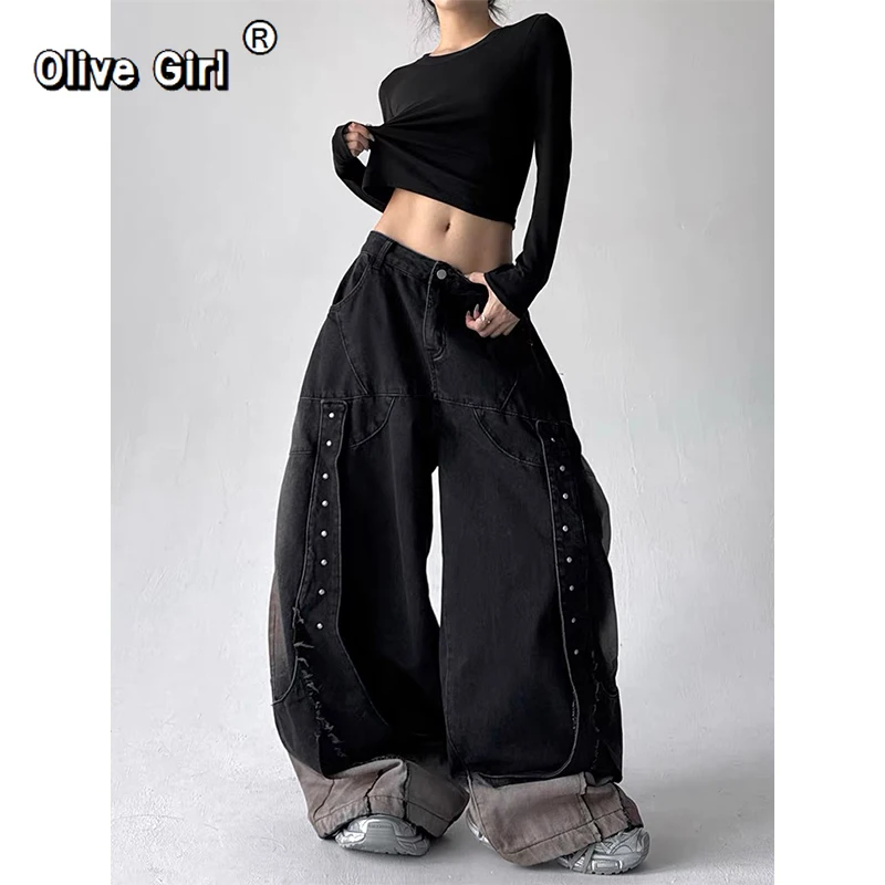 

Olivegirl Women's Wide Leg Baggy Jeans Goblin Core Abi Denim Cargo Pants American Retro Hip-pop Y2K Harajuku Cowboy High Street