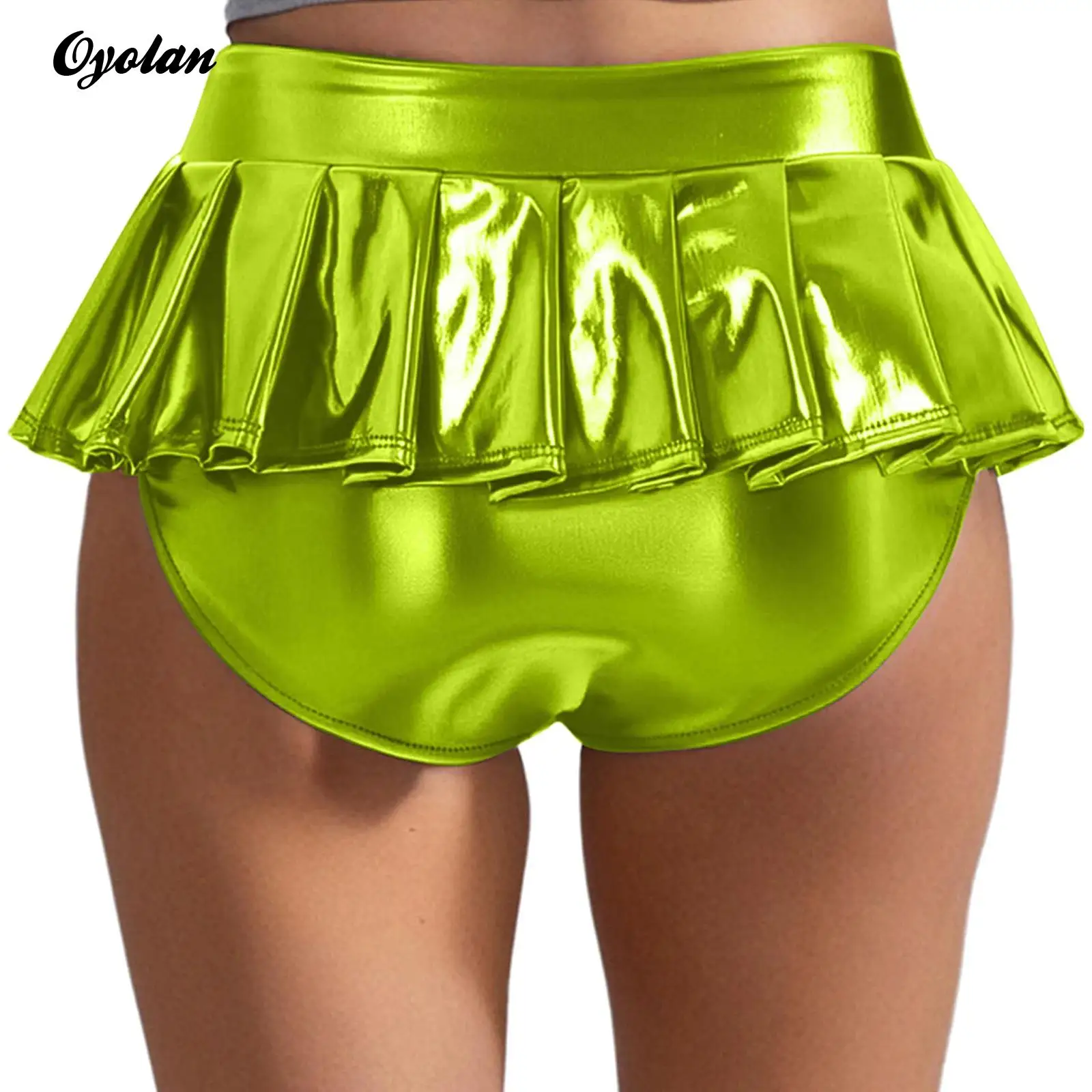 

Womens Metallic Shiny Micro Mini Skirt Rave Outfits Pleated Skirted Underwear Culottes Rave Party Night Club Pole Dance Costume