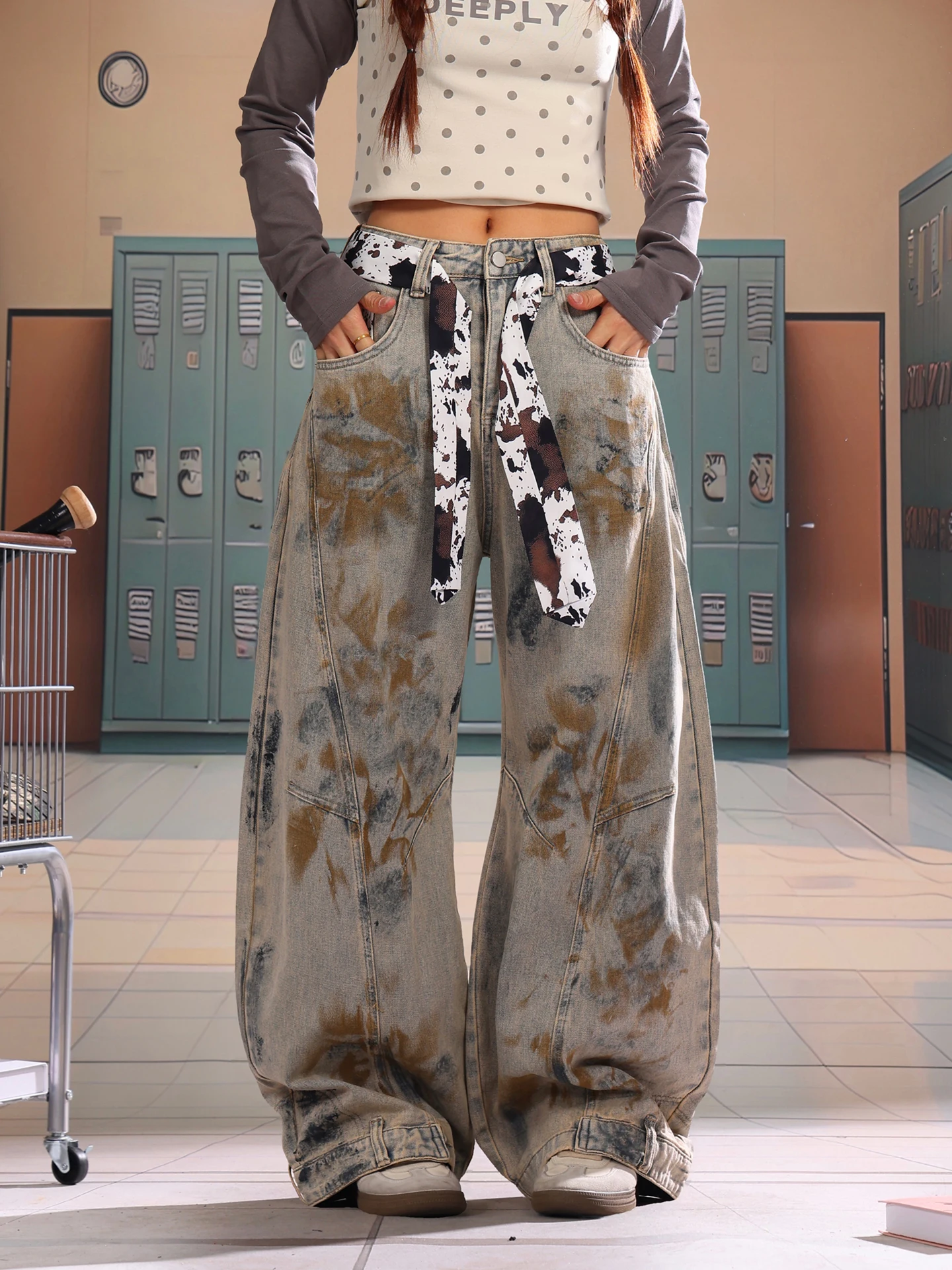 

Light Blue Vintage Tie Dye Denim Pants Women's Loose Knife Long Trousers American Sle Spring Early Casual Jeans