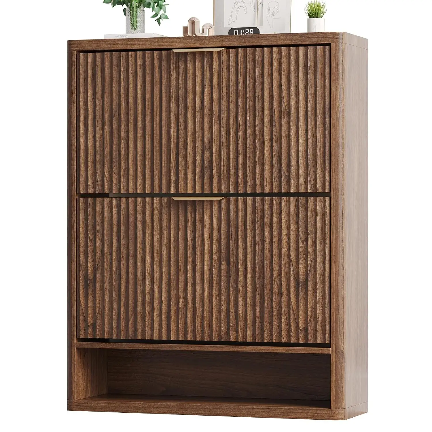 Fluted Wooden Shoe Cabinet with 2 Flip Drawers, Narrow Slim Organizer for Entryway Hallway Living Room, Walnut, Customized