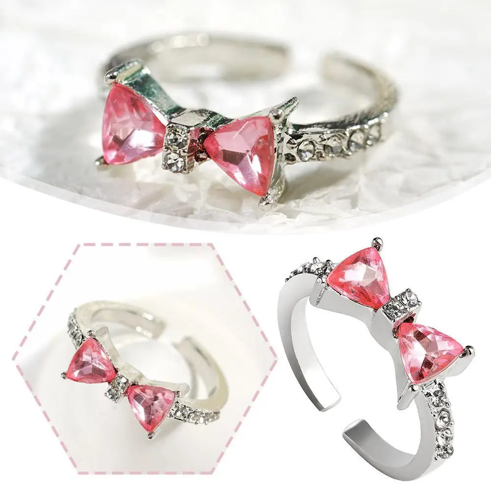 Y2K Pink Crystal Bowknot Zircon Rings for Women Fashion Sweet Girl Open Adjustable with Micro Bow Tie for Party and Dating D8J1