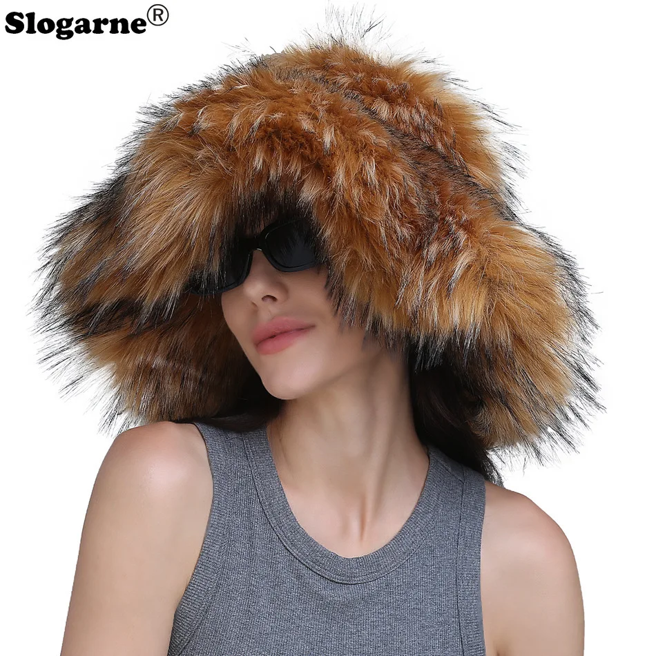 European American Big Brim Warm Fur Hats Women\'s Winter Y2k Fluffy Faux Raccoon Fur Bucket Hat Ladies Luxury Furry Snow Ski Caps