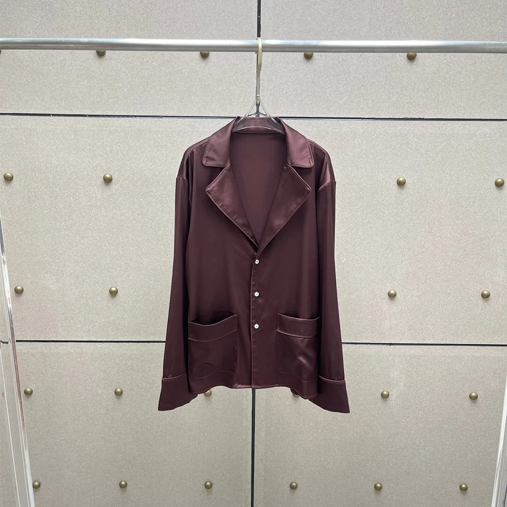 

Women's Burgundy Satin Pajama Style Shirt Spring 2026 New Y2K Loose Lapel Pocket Blouse Elegant Glossy Long Sleeve Casual Top