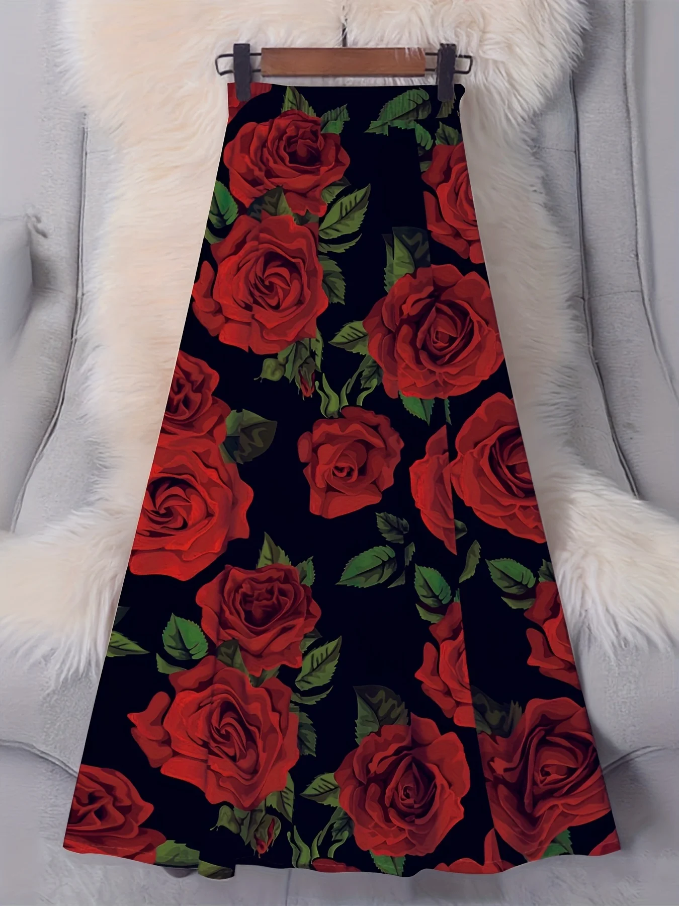 

Черная женская юбка, повседневная юбка А-силуэта миди с цветочным принтом роз, летняя офисная юбка для работы, юбка с эластичной талией и высокой посадкой