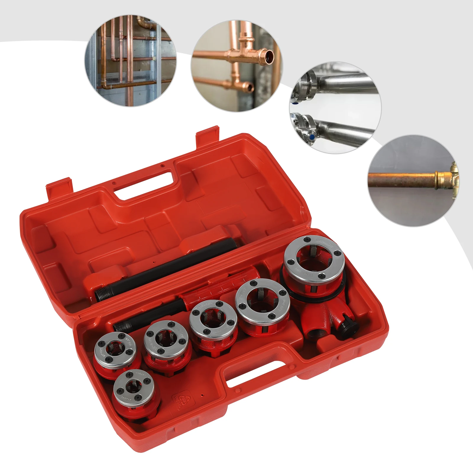 Pipe Threading Kit BSPT Thread Cutting Steel Threader Plumbers Set with 4/6 Threading Dies Manual Pipe Threader Tool Kit