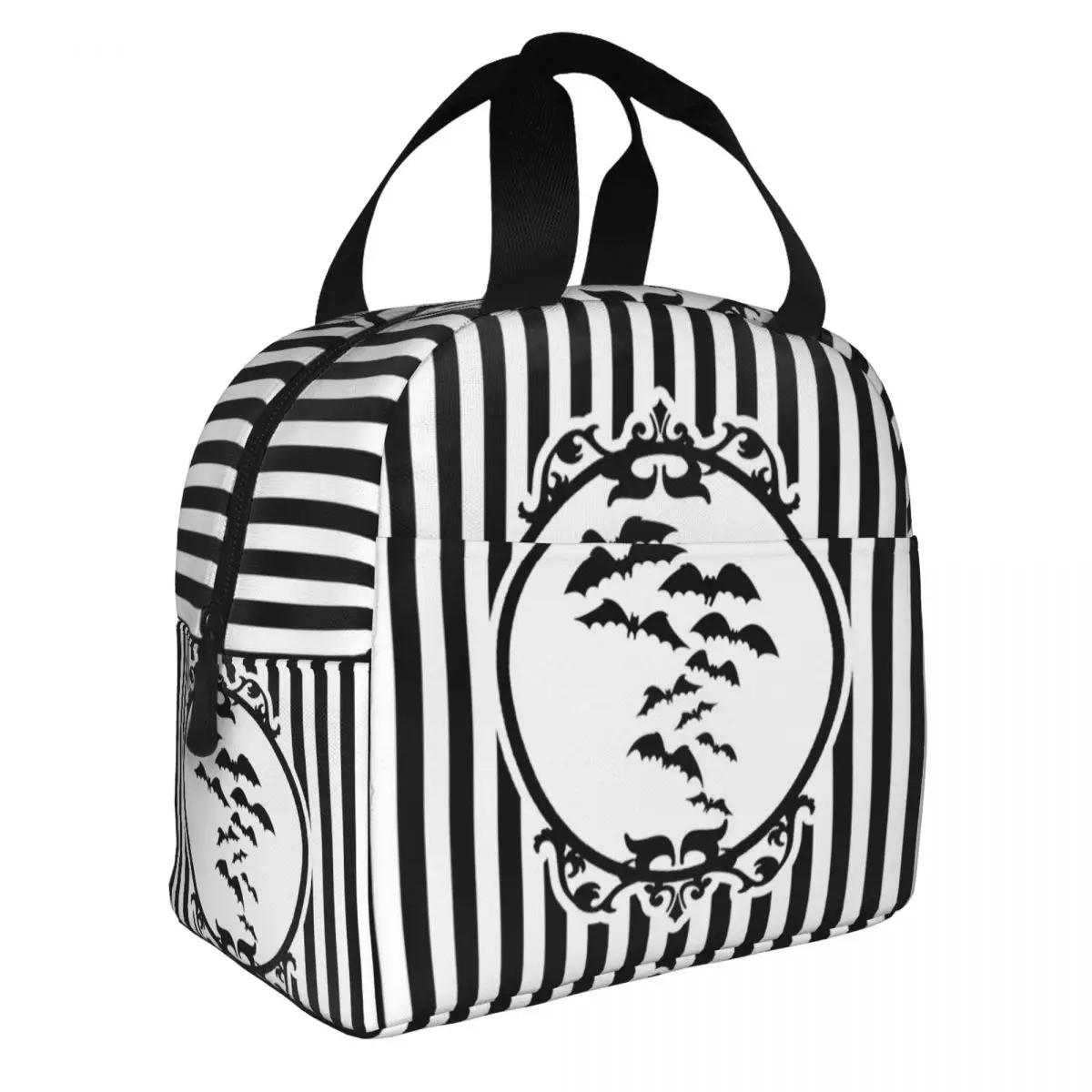 Stripes And Bats Resuable Lunch Boxes for Women Waterproof Goth Occult Witch Halloween Thermal Cooler Food Insulated Lunch Bag