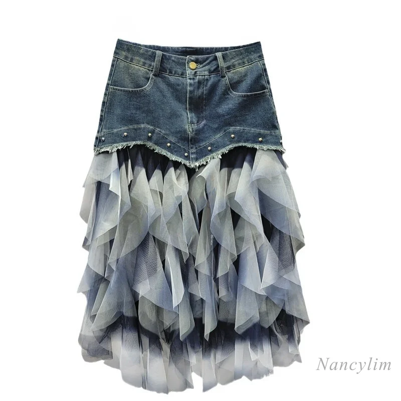 

2024 Autumn Women's Skirts New Fashion Mesh Stitching High Waist A- Line Skirt Ins Super Popular Mid-Length Denim Skirt