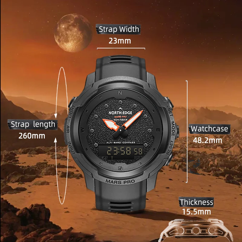 North Edge Mars Pro Outdoors Sports Watch Carbon Fiber Waterproof Clock Altituder Compass Lightweight Watch Reloj Hombre