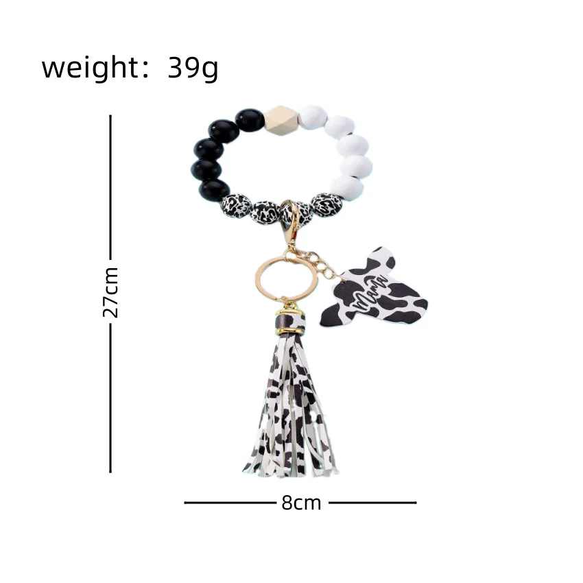 New European and American Tassel Wood Beads Keychain Cow Wood Tag Pendant Bracelet Pendant Creative Gift Cute Keychain