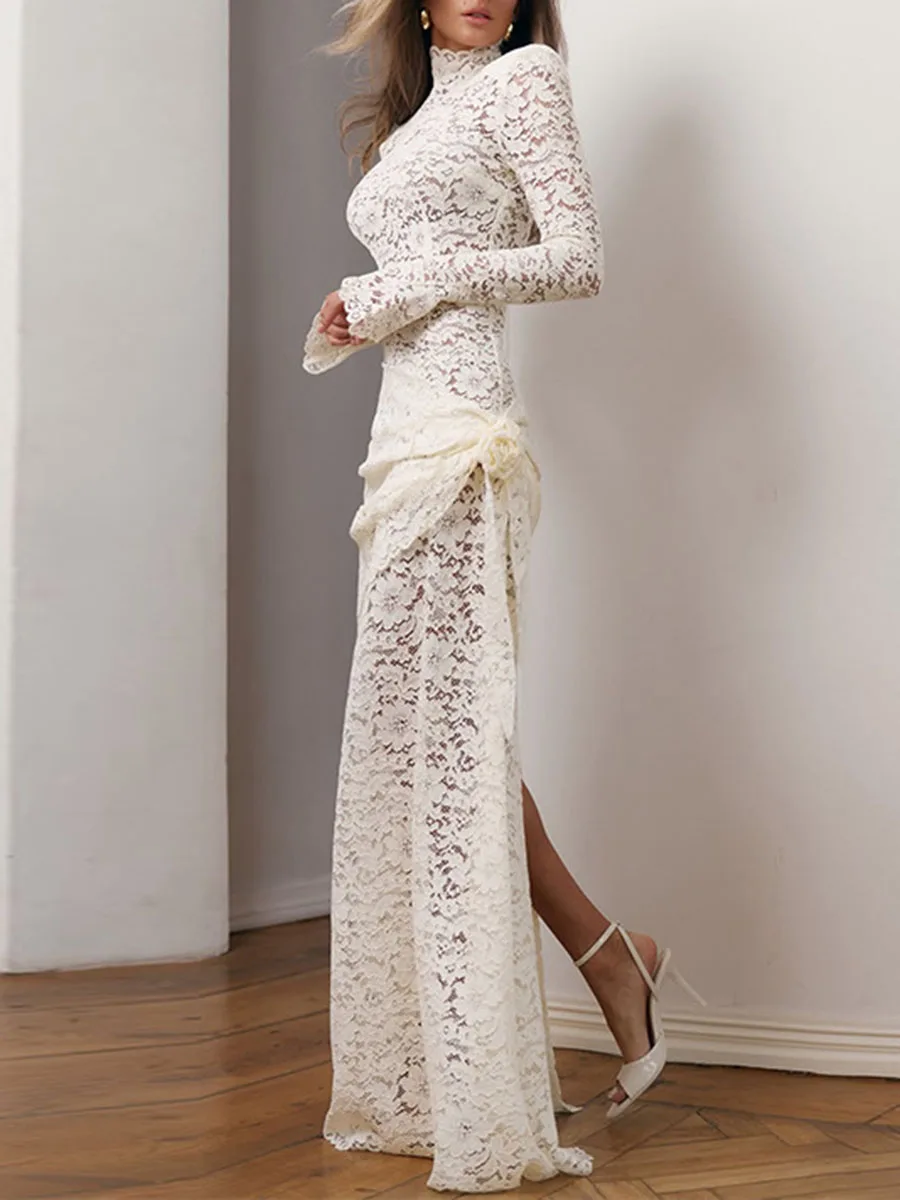 TWOTWINSTYLE Lace Spliced Ruched Slimming Dresses for Women High Collar Long Sleeve Patchwork Zipper Sheer Dresses Female Style