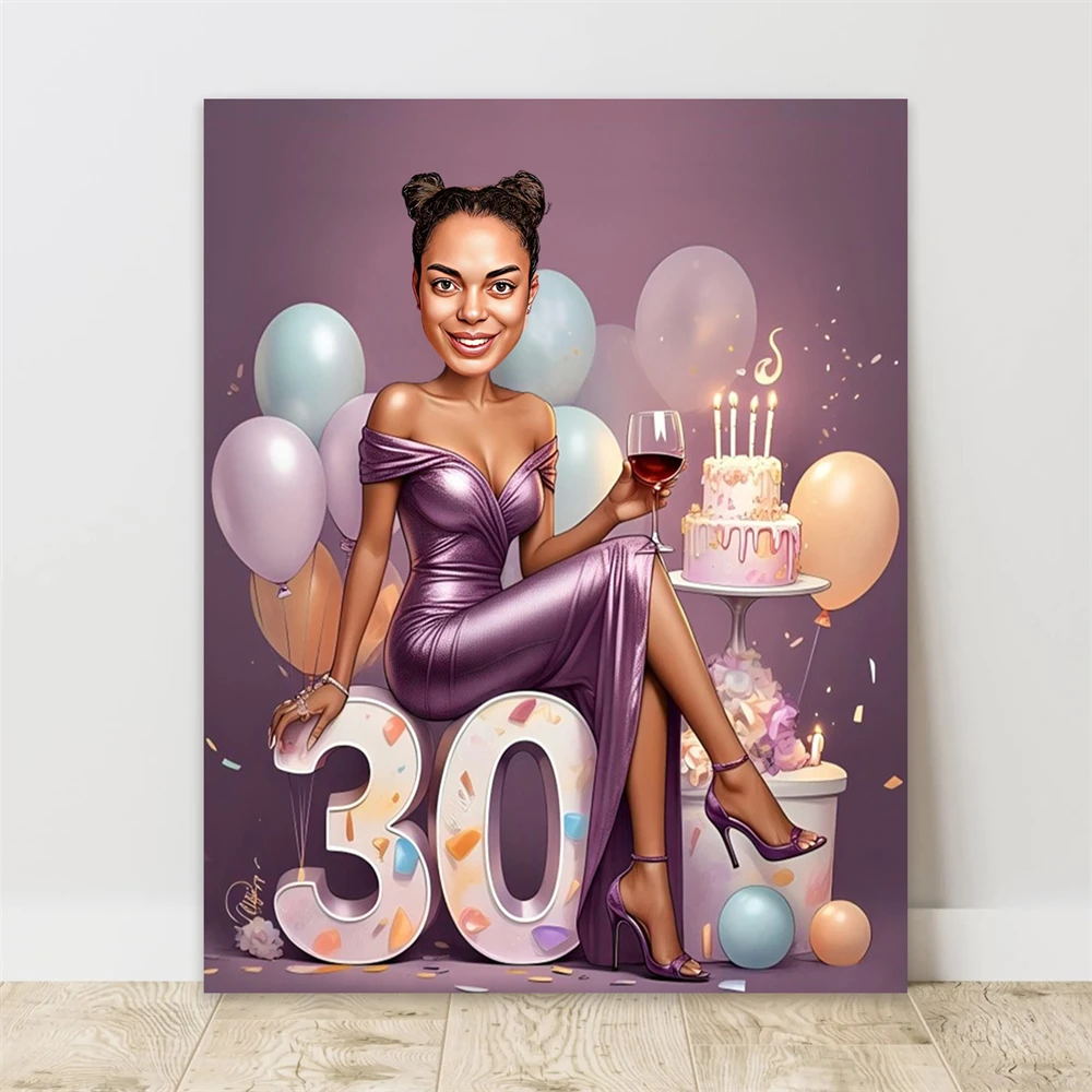 

Elegant Lady Custom 30th Birthday Caricature Poster Personalized Portrait Gift Prints Golden Number Cartoon Canvas Painting