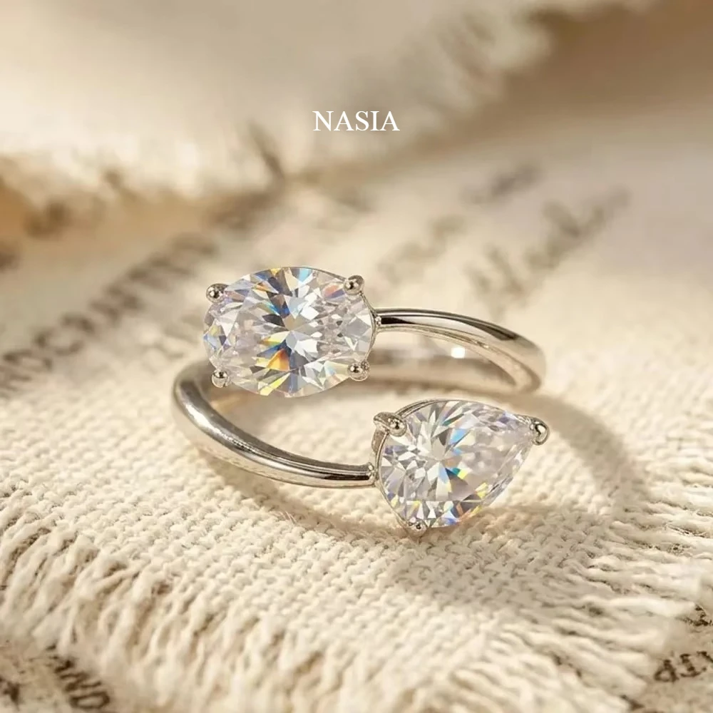 Nasias925 Sterling Silver Moissanite Ring Jewelry Pear Oval Cut Bypass Ring Anniversary