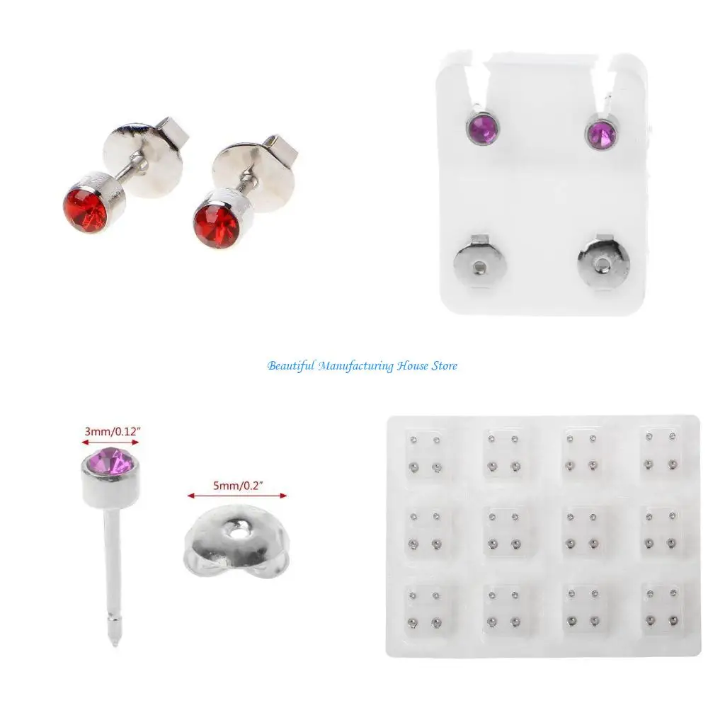 

E56A 12 Pairs Stainless Steel Ear Piercing Earrings 3mm Clear CZ Studs