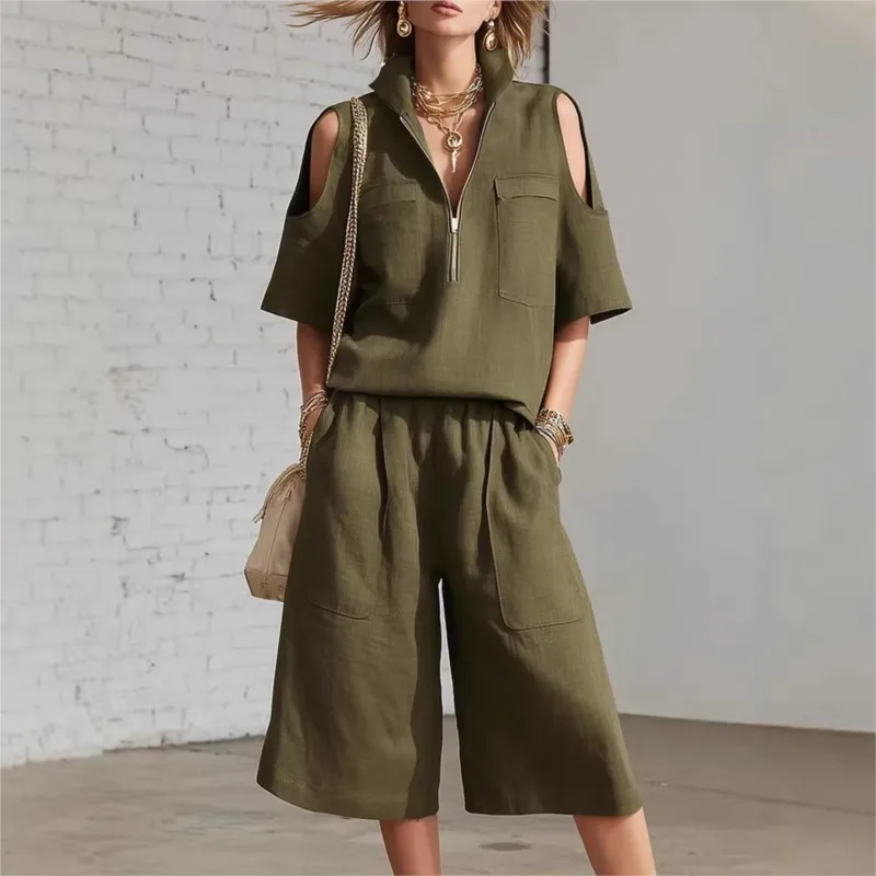 

Casual Two-piece Set for women 2026 Stand-up Collar Hollow out Pullover Top+High Waist Pocket Shorts Basic Simple Vacation Suit