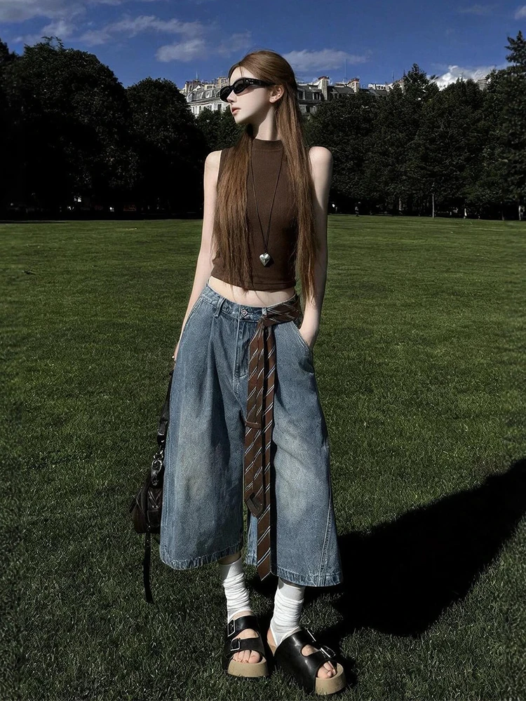

Korean Style Cool Sexy Girl Fashion Sleeveless Vest Top Jeans Seven-Quarter Pants Summer New Vintage Set Comfortable Short Le...