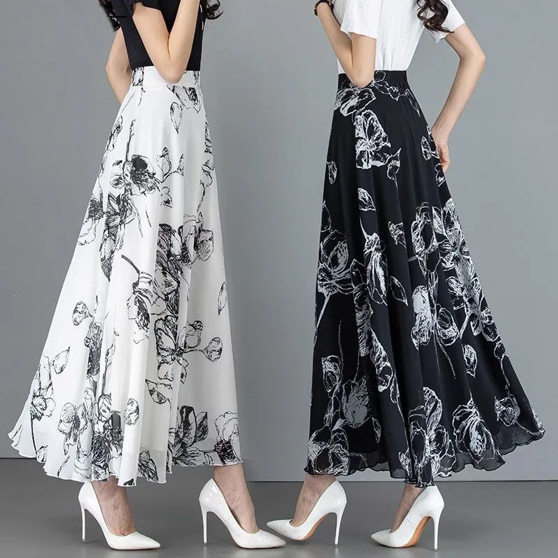 2024 Summer New Retro Black White Printed Chiffon Skirt Female High Waist A-line Long Skirt Large Flower Skirts for Women