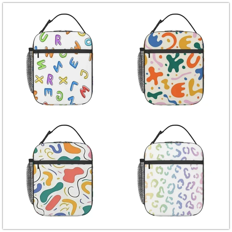 Colorful letter line patterns Lunch Bag insulated bag,student thickened waterproof Bento Bag Outdoor Travel Ice Pack, Picnic Bag