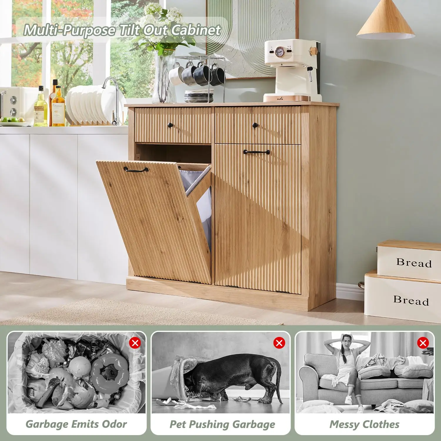 Modern Double Tilt-Out Trash Cabinet, 20 Gallon Fluted Laundry Hamper with 2 Drawers, Wooden Hidden Garbage Can Cabinet, Natural