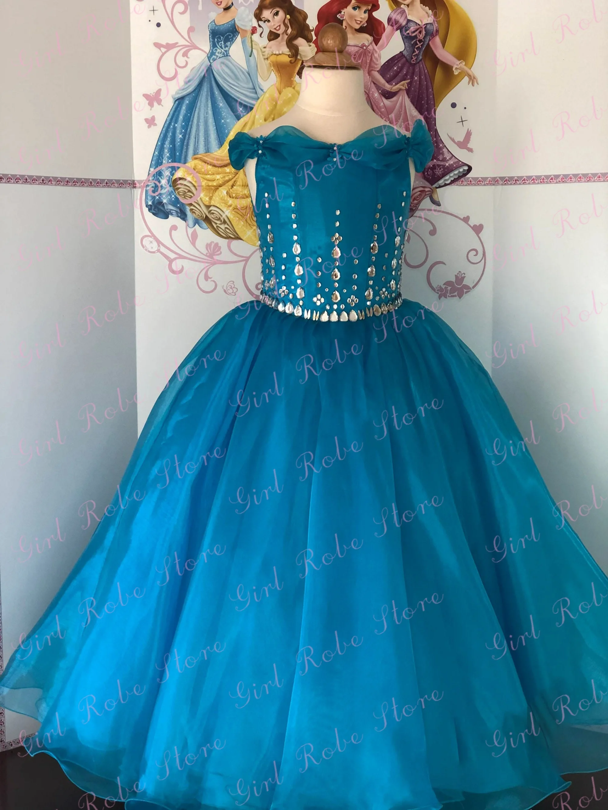 Customized Blue Princesss Flower Girl Dress Shiny Diamond Floor Length Puffy Little Girl Birthday Party Pageant Gift Prom Gown