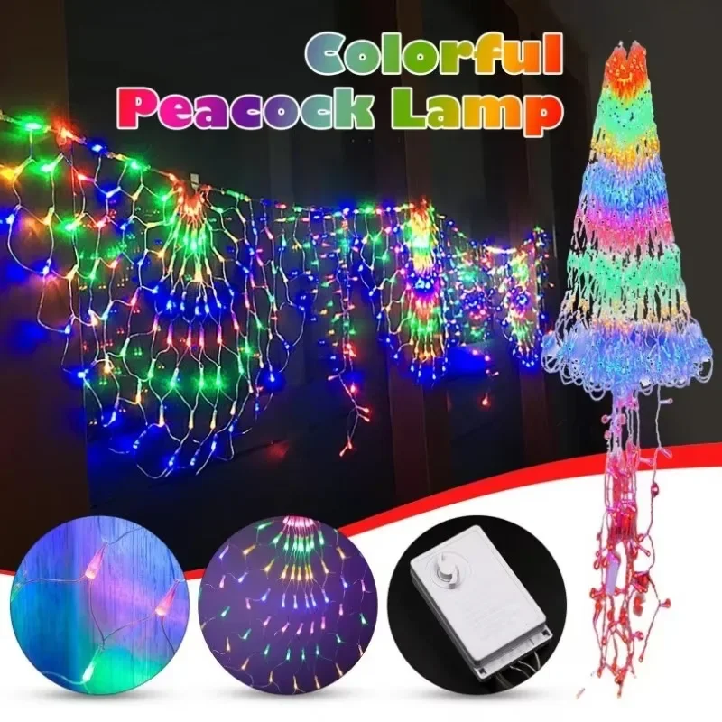 LED Colourful Peacock Flashing Light Peacock Lights Flashing String Lights Outdoor Peacock Decorative Fishing Net Light