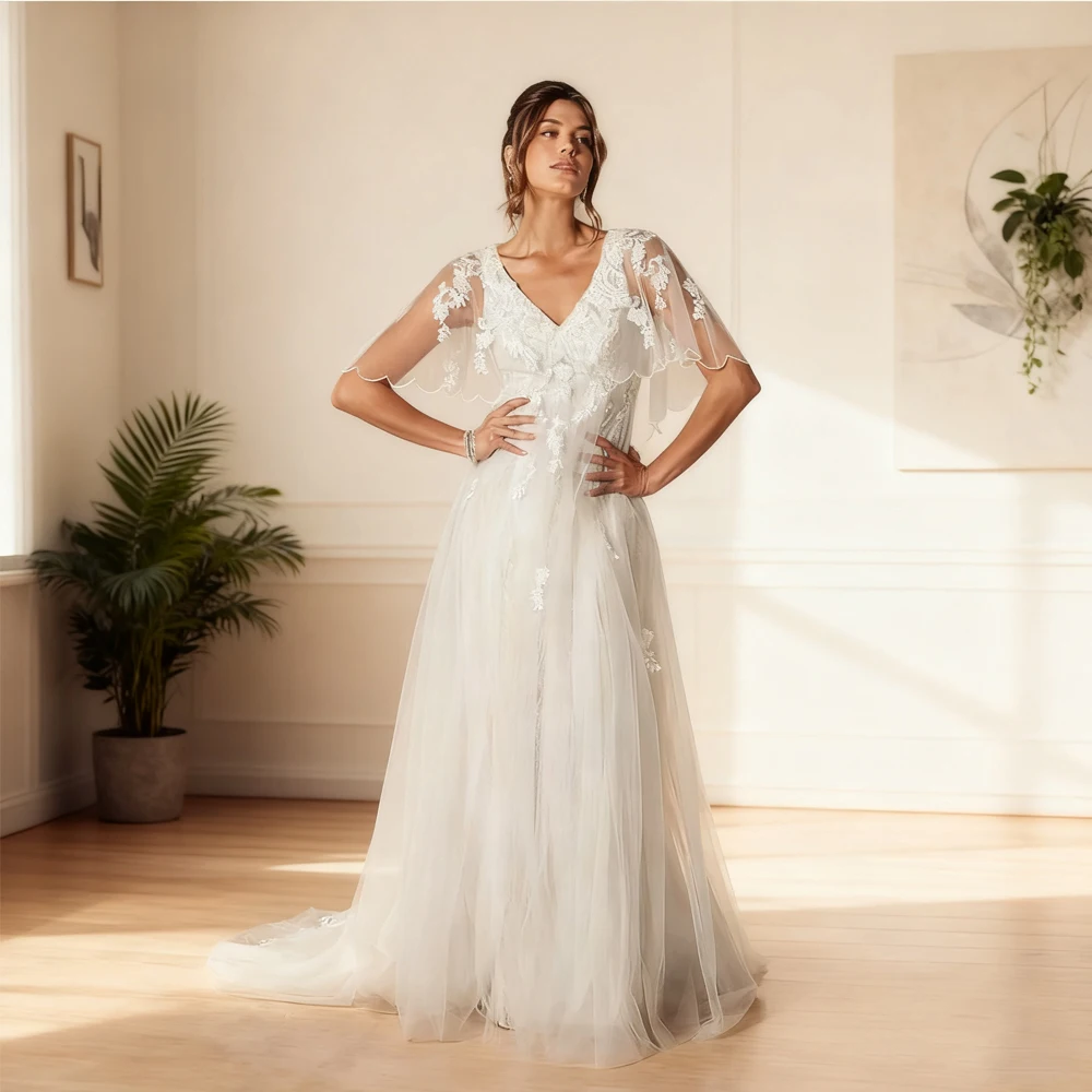 A-line Lace Tulle Bohemian Applique Tull Wedding Dress for Women 2025 V-Neck Customized Bridal Gown vestido de Customized
