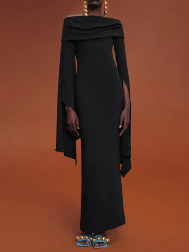 DEAT Elegant Dress Irregular Flare Sleeve Slash Neck Slim Women\'s Customized Evening Dresses 2024 Autumn New Fashion 13DB4299