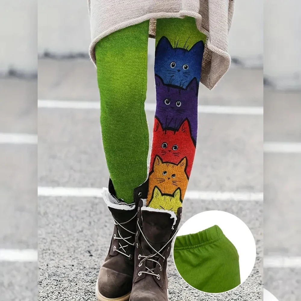 Contrast color cute cat print Stretch comfortable slim slim pants with hip lift casual leggings women wear every day