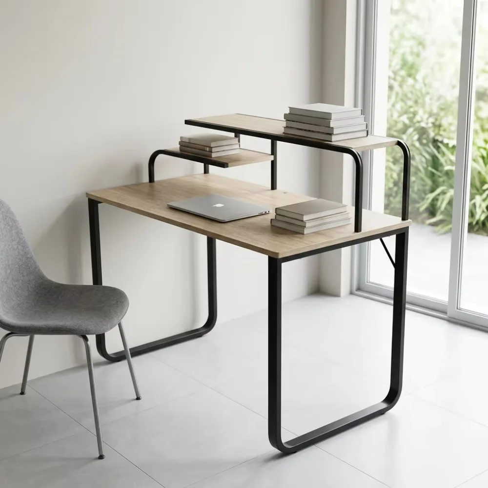 Modern Wooden Computer Desk with Bookshelf Black Metal Frame Office Study Table Suitable for Work Space