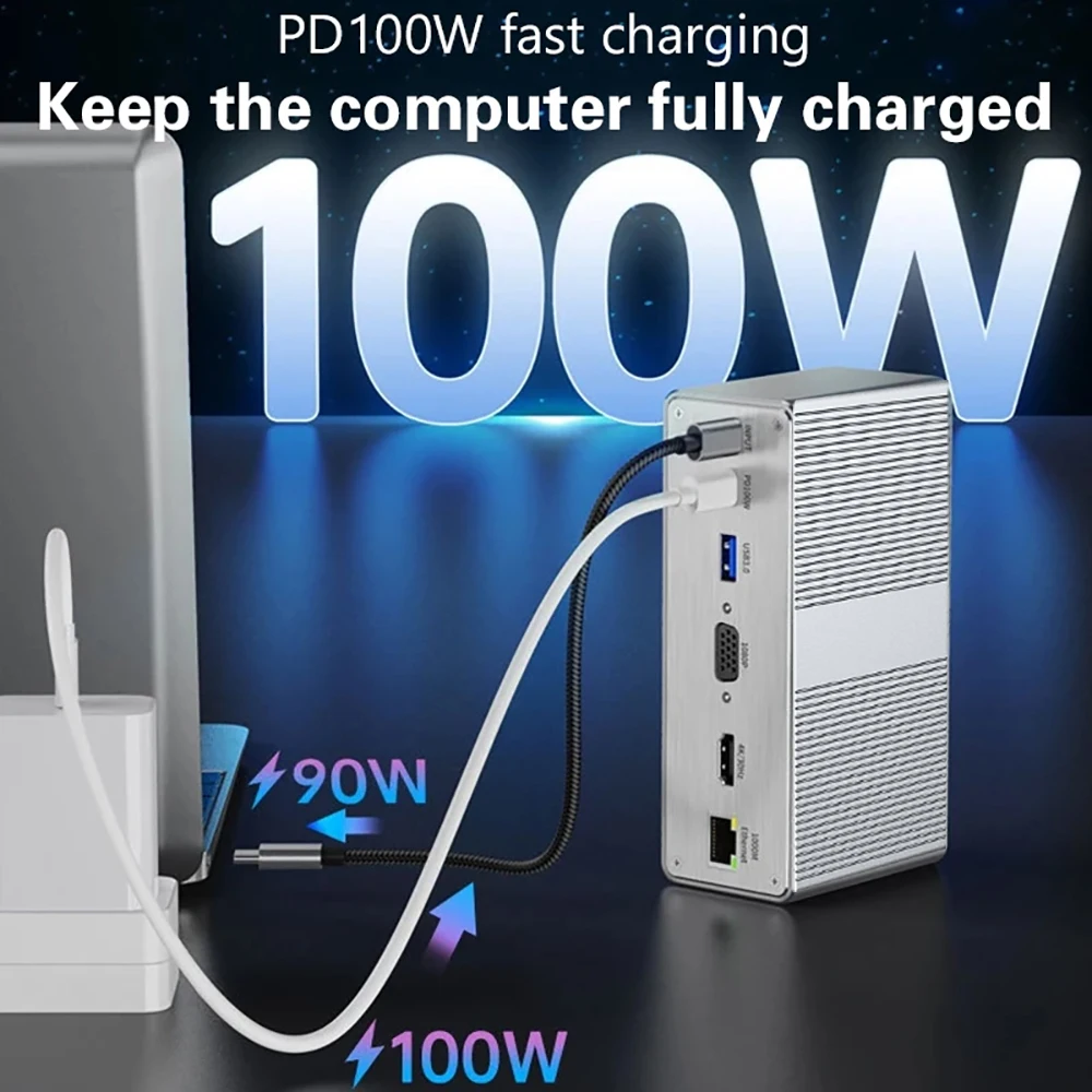 13-in-1 Verticaal Dockingstation Desktop USB C Dockingstation HDMI 4K/Gigabit Ethernet/VGA 1080P/PD100W/USB3.0 voor PC Laptop