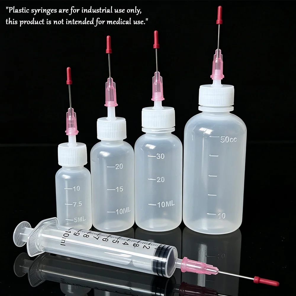 Industrial Dispensing Bottle Set 10ml 20ml 30ml 50ml Plastic Squeeze Glue Bottles with Pink Stainless Steel Needle Tip, Liquid Dispensing Bottles, Includes 10ml Industrial Syringe, Glue Ink Pigment Filling Tool, Repair Oil Container (for Industrial Use Only, Not Medical)