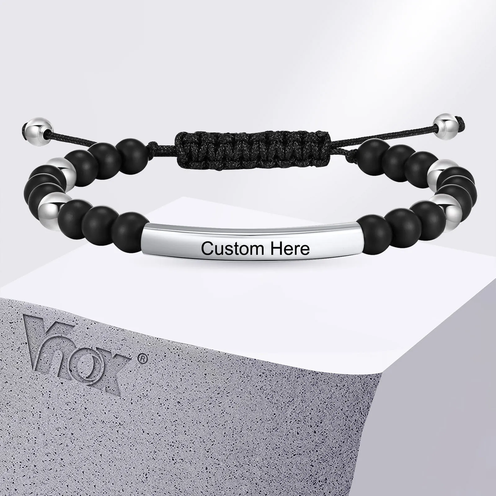 

Vnox Free Engrave Words Stainless Steel Bangles, Black Natural Beads Beaded Bracelets, Adjustable Mens Wristband Gift