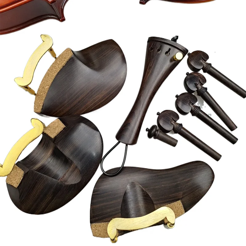 Set 4/4 Violin Accessories Pegs/Tailpiece/Chinrest With Screw Cork Gut Finetuner Ready For Using Natural Ebony Wood