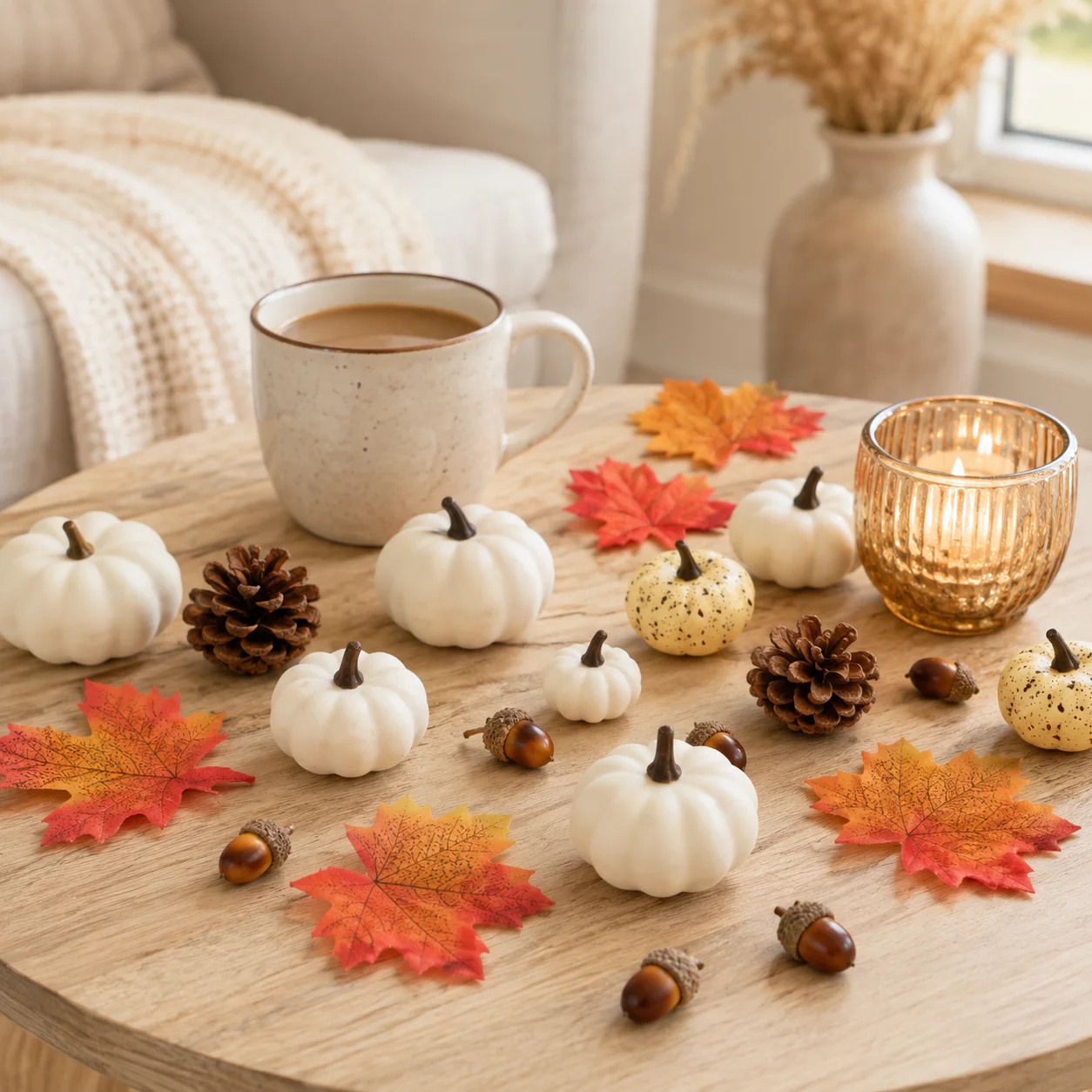 HOYVJOY 22pcs 1set White Pumpkin Autumn Decor Set Maple Leaves Pinecones Acorns Thanksgiving Harvest Table Home Decor