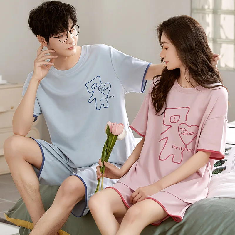 2 Pieces Set Sleep Tops & Shorts Cotton Pajamas For Women Men Summer Short Nightwear Homewear Plus Size Sleepwear For Couples