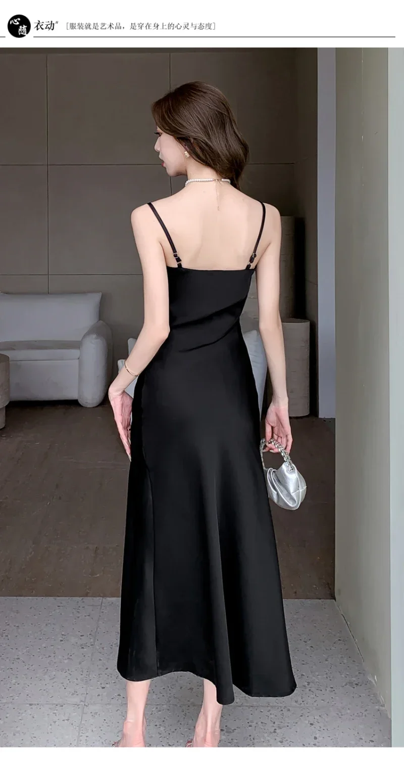 Elegant Party Black Satin Midi Dresses for Women 2024 Summer New Sexy Fashion Bodycon Sleeveless Split Strap Female Clothing