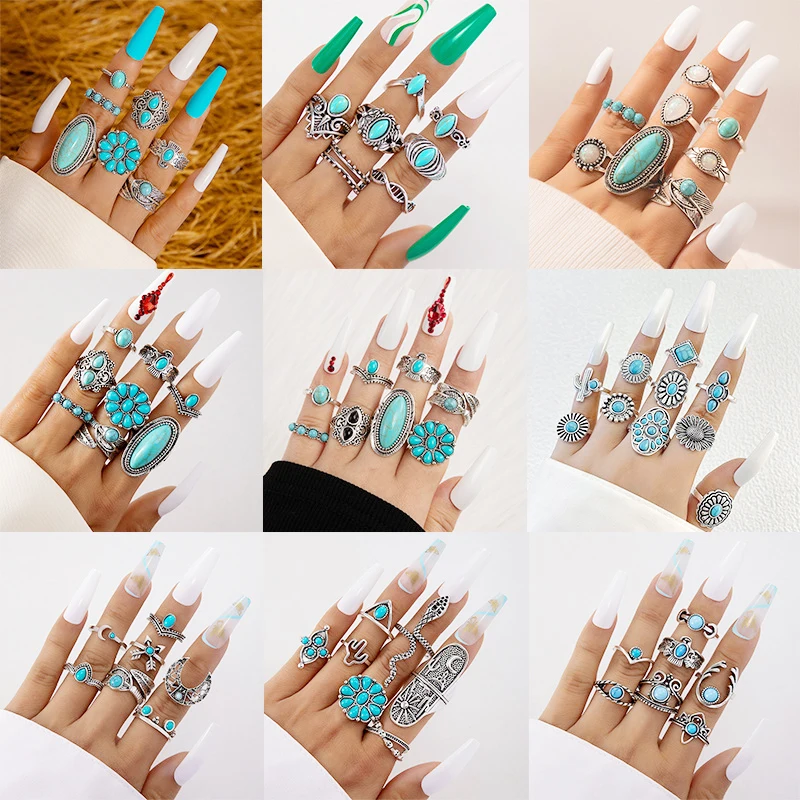 

WG 1Set Vintage Simulated Turquoise Ring Fashion Joint Flowers Leaves Eagle Geometric Knuckle Ring Set