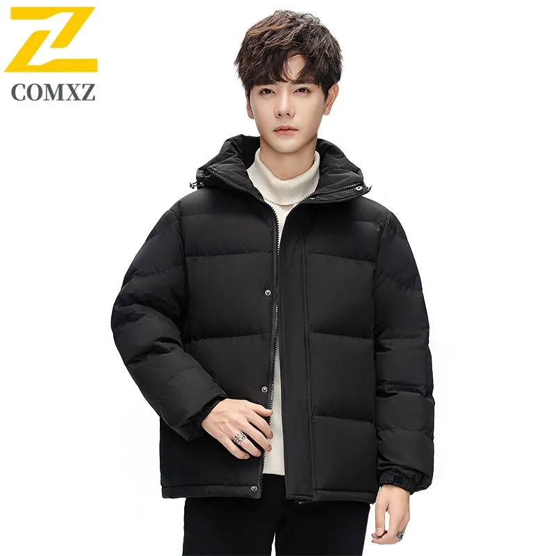 COMXZ 2025 Winter Couple Short School Style Down Jacket Men's Loose Fit Plus Size Trendy White Duck Feather Warm Parka Coat