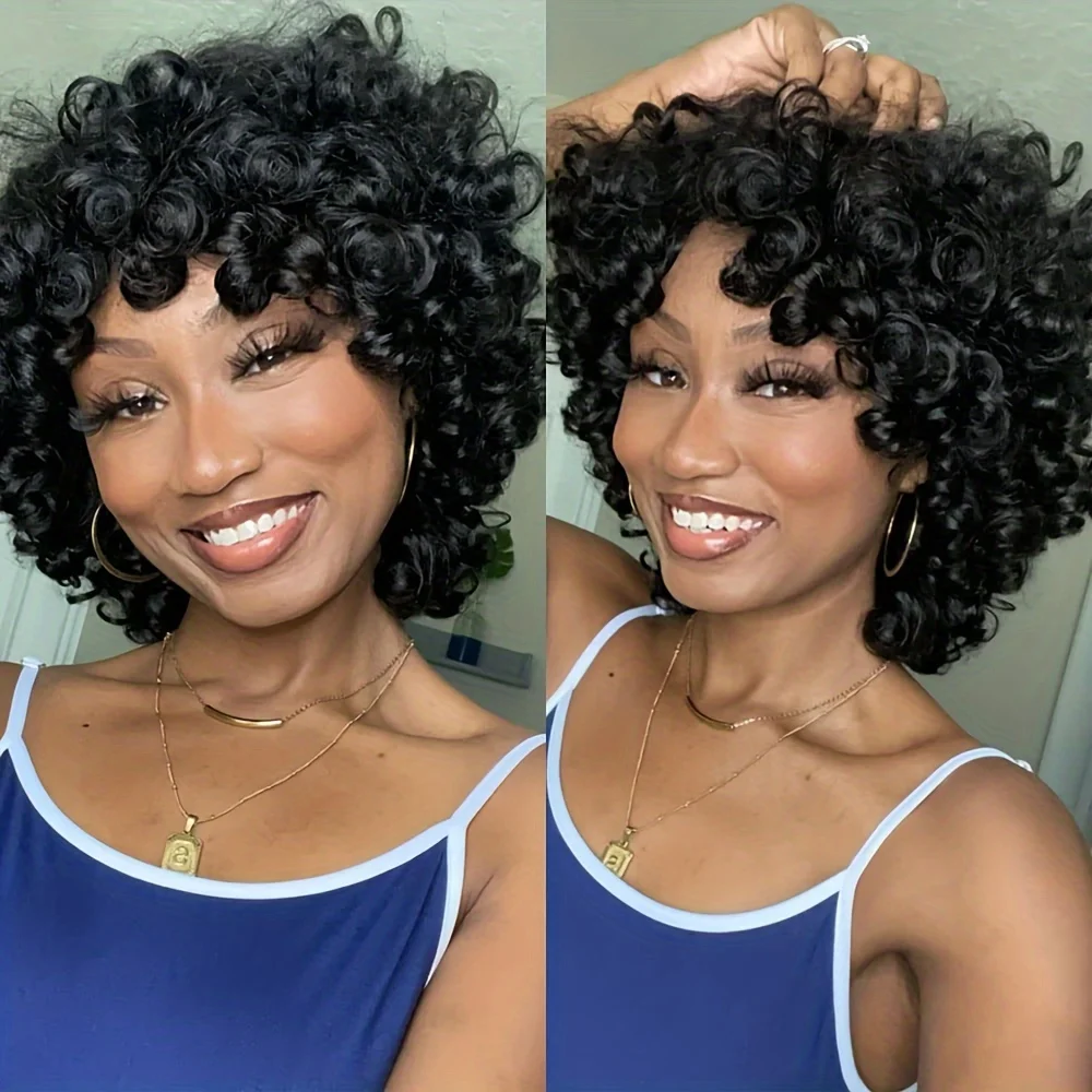 Ready to Wear Funmi Curly Full Machine Made Short Bob Wig with Bangs Glueless Loose Curly Vietnamese Human Hair Wigs for Women image 5