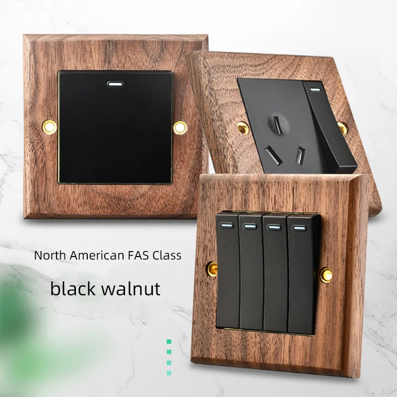 

American Black Walnut Retro Switch Panel Solid Wood Type 86 French Hotel EU Wood Grain Color Switch Socket, Wood Dimmer Switch