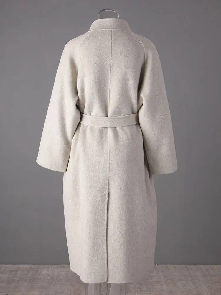 HUISONG Beige Belted Big Size Elegante Wollen Jas Nieuwe Stand Kraag Lange Mouw Vrouwen Jas Mode Tij Herfst Winter 2025