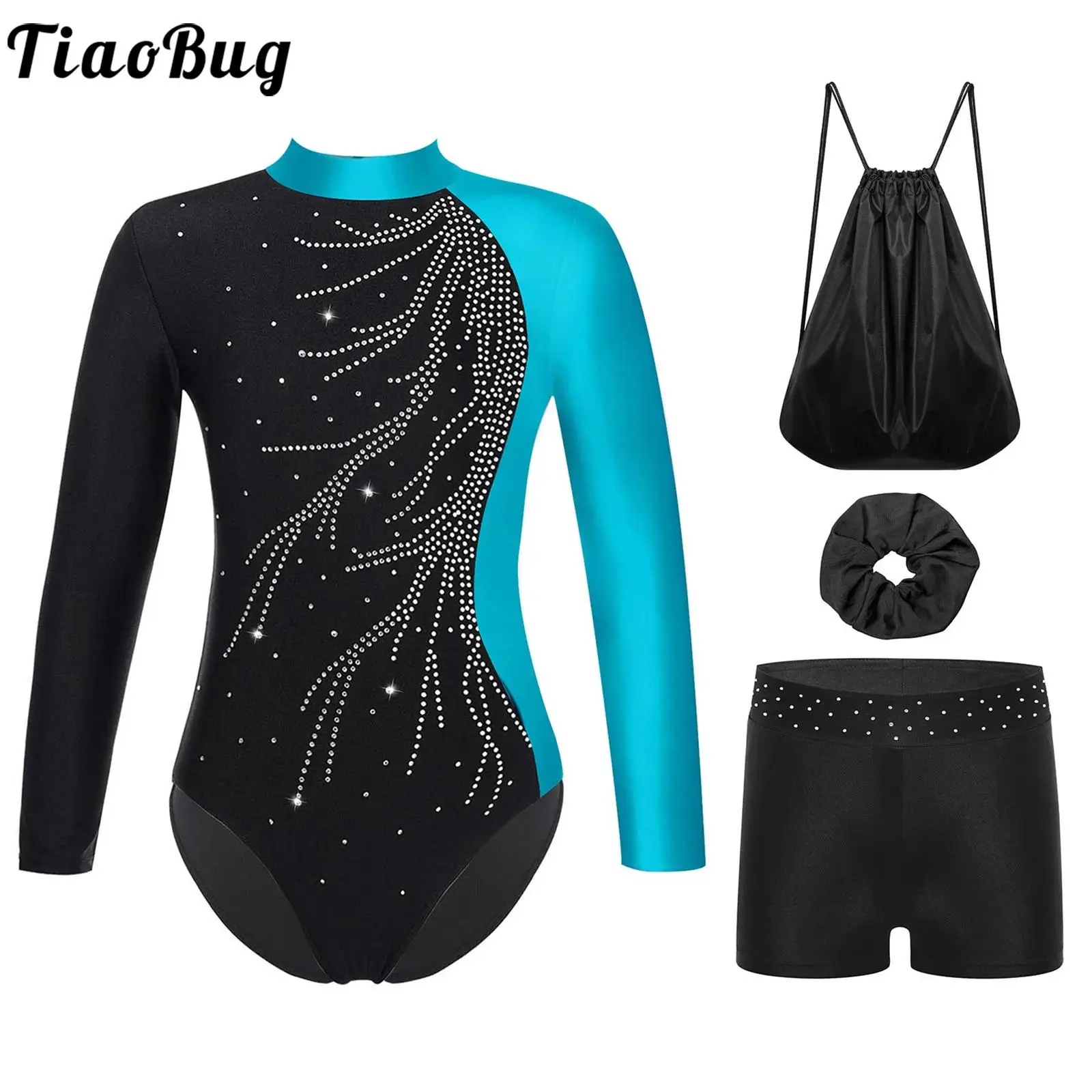 

Детский костюм для балета, гимнастики, фигурного катания и танцев для девочек: леотард с длинными рукавами и стразами, шорты, повязка для волос и сумка для хранения