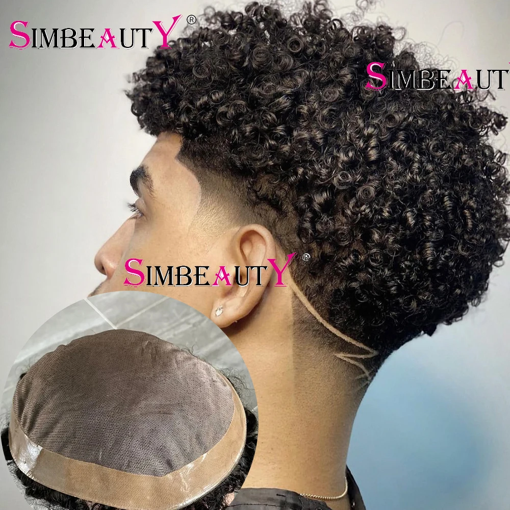 

8mm Afro Kinky Curly Toupee Man 100% Human Hair Weave Unit Black Men's Capillary Prosthesi Toupets for Men Mono Lace &NPU Around